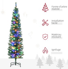 Árvore de Natal artificial iluminada em forma de lápis, 180 cm, 150 luzes multicoloridas, 390 ramos, base em aço verde