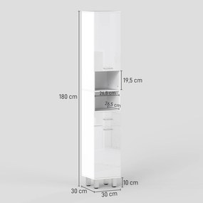 Coluna Casa de Banho Moderna com 1 Gaveta 3 Prateleiras Ajustáveis e 2 Armários Móvel Auxiliar de para Casa de Banho 30x30x180 cm Branco