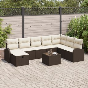 Conjunto de Sofás de Jardim de 9 Peças com Almofadas Castanho Vime Pol