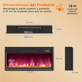 Lareira elétrica encastre 26” de 1500 W com comando à distância Temporizador Termóstato Preto