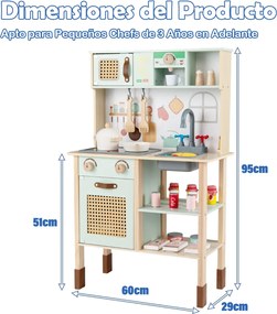 Cozinha de brincar em madeira 60 x 29 x 95 cm com luzes, sons, acessórios, forno, lava-loiça e cafeteira para crianças com mais de 3 anos, verde