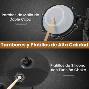 Conjunto de bateria elétrica Kit de bateria dobrável com almofadas de malha de 21 cm Pratos de 245 cm 225 sons e 30 demos Preto