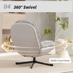 Poltrona Giratória Moderna com Base Cruzada Estofada em Chenille e Couro PU Assento Largo Duplo Pernas de Aço 78x95x99 cm Cinza