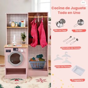 Cozinha de brincar dupla face em madeira 73 x 55 x 98 cm com dispensador de água, micro-ondas e utensílios simulados, luzes e sons, para maiores de 3