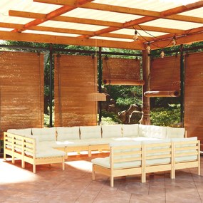 vidaXL 13 pcs conjunto lounge jardim c/ almofadões creme pinho maciço