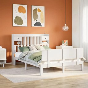 vidaXL Cama com estante sem colchão 140x200 cm pinho maciço branco