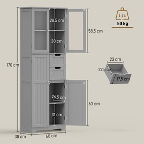 Móvel de Casa de Banho Alto, 60 x 30 x 170 cm, Prateleiras Reguláveis, Cinzento