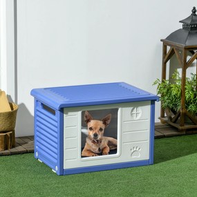 Casota de plástico para cães pequenos para exterior 60 x 42 x 40 cm, com aberturas de ventilação, azul e branca
