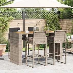 5 pcs conj. de bar jardim c/ almofadões vime PE/acácia cinzento