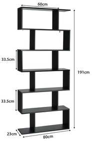 Estante de 6 níveis em S Estante de madeira com dispositivo anti-encandeamento Estante de livros para sala de estar 80 x 23 x 191 cm Preta