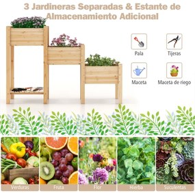 Floreira para plantas vertical de 3 níveis para jardim elevado com furos de drenagem em Estante Aberta 161 x 43 x 104 cm Natural