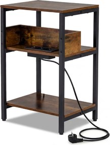 Mesa apoio de 3 níveis 40 x 30 x 61 cm com estação de carregamento USB e tomadas estilo industrial para sala e quarto Castanho Rústico e Preto