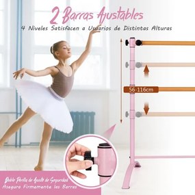 Barra de Ballet Portátil 120 cm  Barra Dupla Independente Altura Ajustável 56/76/96/116 cm Barra de Fitness Adultos e Crianças Rosa