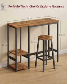 Conjunto de mesa de bar com bancos de bar e prateleira de arrumação prática em castanho vintage e preto