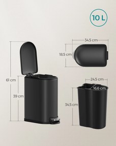 Caixote lixo casa de banho de 10 litros com tampa de aço pequena Preto