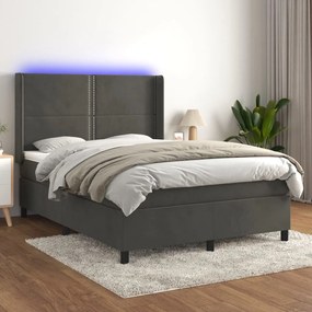 Cama box spring c/ colchão/LED 140x200cm veludo cinzento-escuro