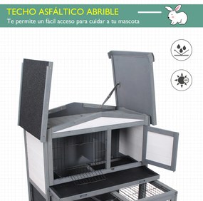 PawHut Coelheira de Exterior de Madeira de 2 Níveis Gaiola para Coelhos e Animais Pequenos com Teto Asfástico Zona Aberta Bandeja Removível e Rampa 101,5x90x100cm Cinza