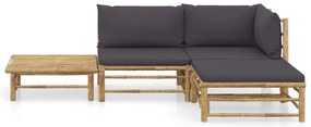 4 pcs conj. lounge jardim em bambu c/ almofadões cinza-escuro