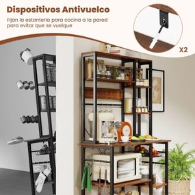 Estante de cozinha 99 × 40 × 170 cm com tomada elétrica com prateleiras abertas de madeira Ganchos e cesto Castanho rústico + preto