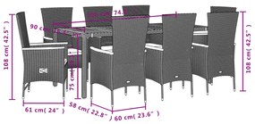 9 pcs conjunto de jantar p/ jardim c/ almofadões vime PE preto