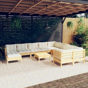 vidaXL 11 pcs conjunto lounge de jardim c/ almofadões cor creme pinho