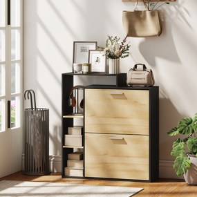 Sapateira com capacidade para 8 pares 80 x 26 x 90 cm, estreita com 2 gavetas rebatíveis, 3 compartimentos abertos, preto, efeito madeira natural