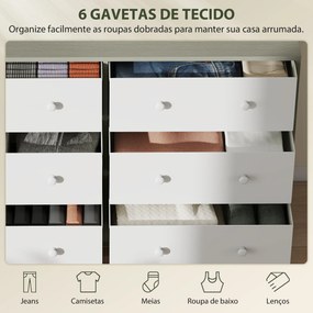Cómoda com 6 Gavetas de Tecido Cómoda para Quarto Estrutura de Aço e MDF 114x30x70 cm Branco e Cinza