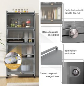Armario de cozinha de 5 níveis sobre rodas Estante de cozinha de 5 níveis com portas articuladas 60 x 32 x 154 cm Cinzento