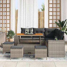 vidaXL Conjunto de Sofá para Jardim de 9 peças com Almofadas em Rattan de Poliéster Cinza e Acácia