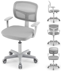Cadeira Secretária para Crianças Ergonómica com Rodas Cadeira Giratória Altura Ajustável Apoio Lombar Cinza