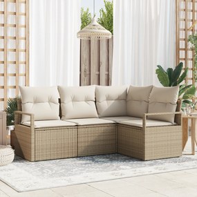 vidaXL Conjunto de Sofá de Jardim de 4 Peças com Almofadas Bege Rattan Sintético