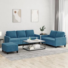 3 pcs conjunto de sofás com almofadões veludo azul