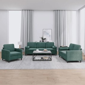 3 pcs conjunto de sofás com almofadas veludo verde-escuro