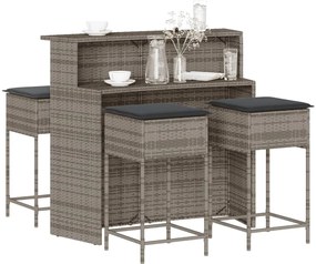 vidaXL 5 pcs conjunto de bar p/ jardim c/ almofadões vime PE cinzento
