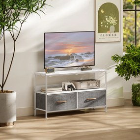Móvel de TV com Prateleira e 2 Gavetas de Tecido Dobráveis para Televisores até 47 Polegadas  98x29x56 cm Branco e Cinza