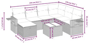 8 pcs conjunto sofás de jardim c/ almofadões vime PE cinzento