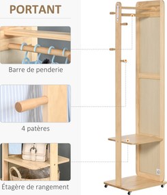 Espelho de pé com rodas 40 (L) x 44,5 (P) x 170 (A) cm Com cabides, 4 ganchos e prateleira em MDF com acabamento em madeira clara