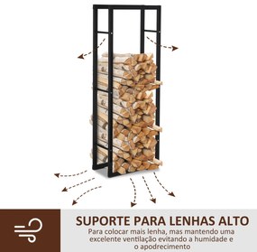 Suporte para Lenha de Metal Porta Lenha Metálico para Interior e Exterior Carga Máxima 100 kg 40x25x150 cm Preto
