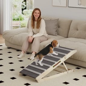 Rampa Dobrável para Cães com Altura Ajustável 35-50 cm e Tapete Antiderrapante 100x50x50 cm Madeira e Cinza