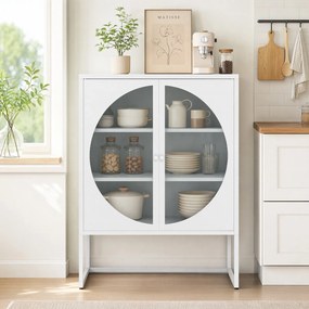 Aparador Expositor com Porta Redonda de Vidro, 85 x 40 x 121 cm, Prateleiras Ajustáveis, Branco