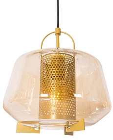 Candeeiro suspenso dourado com vidro âmbar 30 cm oblongo 3 luzes - Kevin Art Deco