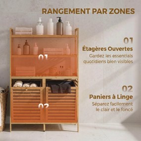 Móvel de casa de banho 80 L x 30 P x 118 A cm com cesto de roupa suja em bambu, com 2 cestos amovíveis e prateleiras de 3 níveis, em cor carvalho