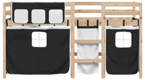 Cama alta criança c/ cortina 80x200cm pinho maciço branco/preto