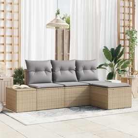 vidaXL Conjunto de Sofá de Jardim de 4 Peças com Almofadas Bege de Rattan
