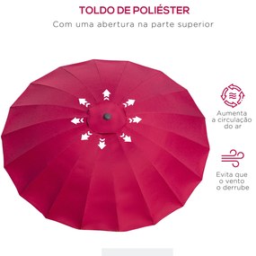Chapéu de Sol de Jardim Ø2,5x2,4 m com Manivela Manual Mastro Flexível Impermeável e 18 Varas para Exterior Vinho