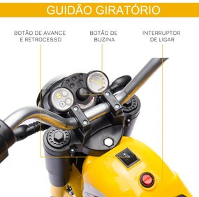 Motocicleta Elétrica Infantil com 3 Rodas Triciclo a Bateria 6V para Crianças de 18-36 Meses com Farol Buzina 72x57x56cm Amarelo