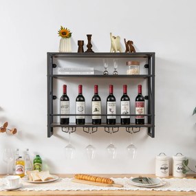 Garrafeira metálica industrial de parede para vinhos 3 níveis 4 suportes para copos Estante para garrafas para bar cozinha 80 x 20 x 63 cm Castanho