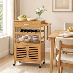 Carrinho de Cozinha com Rodas, 69 x 37 x 89 cm, Suporte para Garrafas de Vinho, Natural