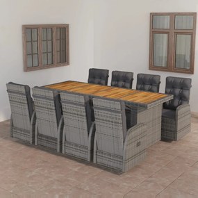 vidaXL 9 pcs conjunto jantar exterior c/ almofadões vime PE cinzento