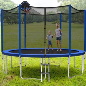 Trampolim para exterior com cesto Basquetebol 366 cm, carga máxima 180 kg, 72 molas, rede de segurança Azul